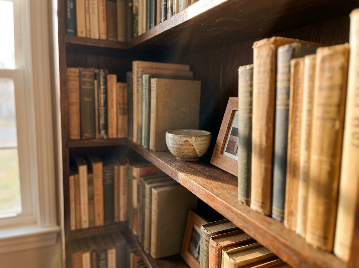 A corner of Susan's bookshelf, well-worn spines, a small ceramic bowl on a middle shelf, soft window light from one side.
