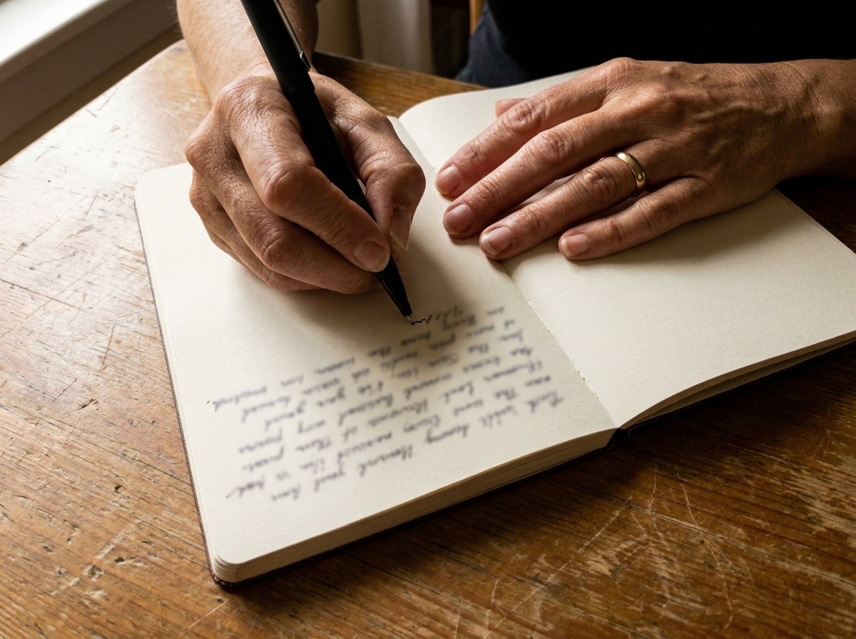 Susan's hands writing in a paper notebook on a wooden table in afternoon light.