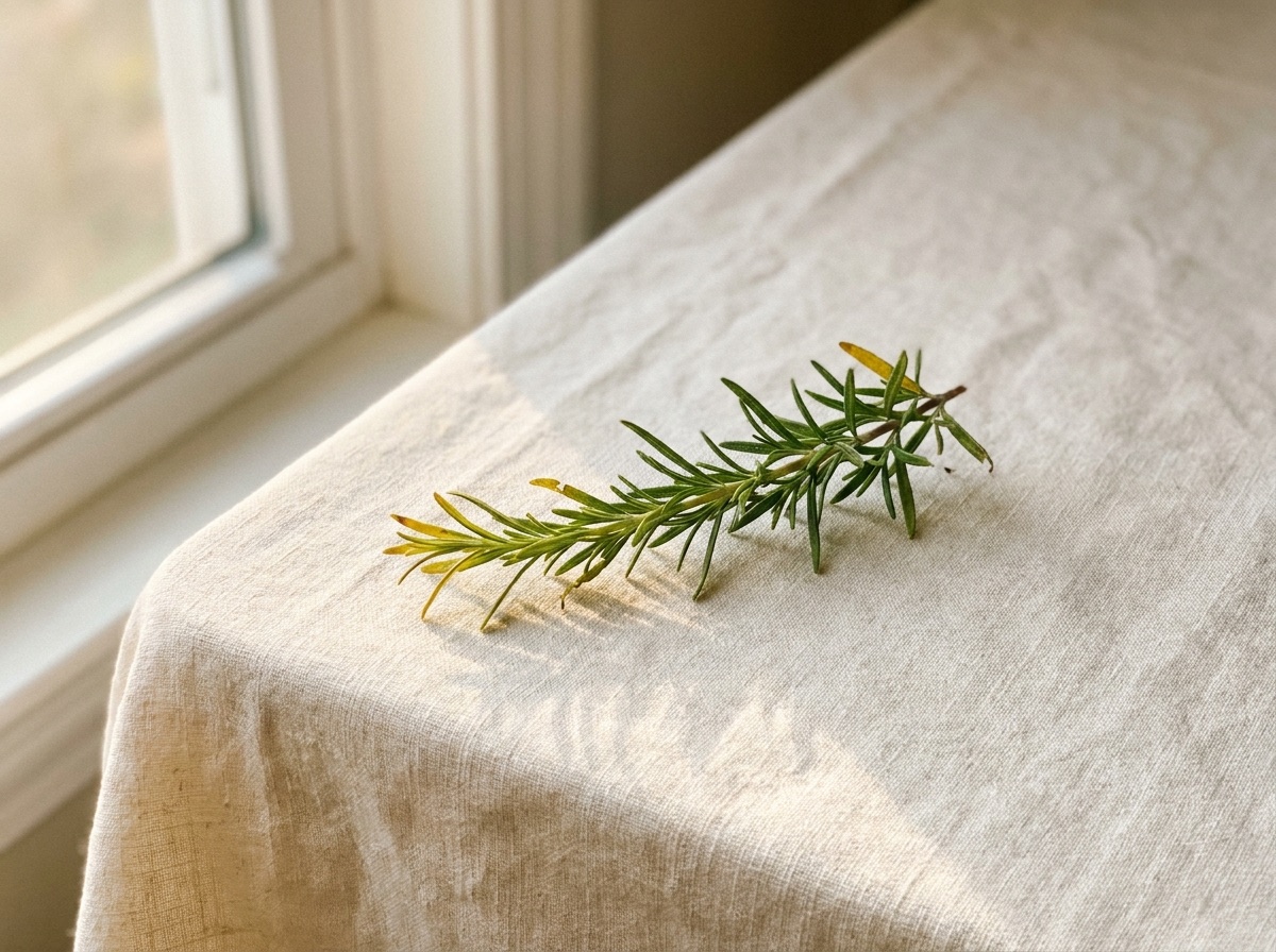 A single sprig of fresh rosemary lying on cream linen, soft window light from one side.