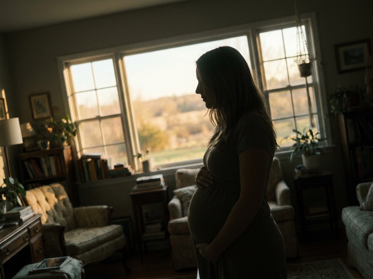 A pregnant mother in profile silhouetted against a sunlit window, late afternoon golden hour light in a warm domestic room.