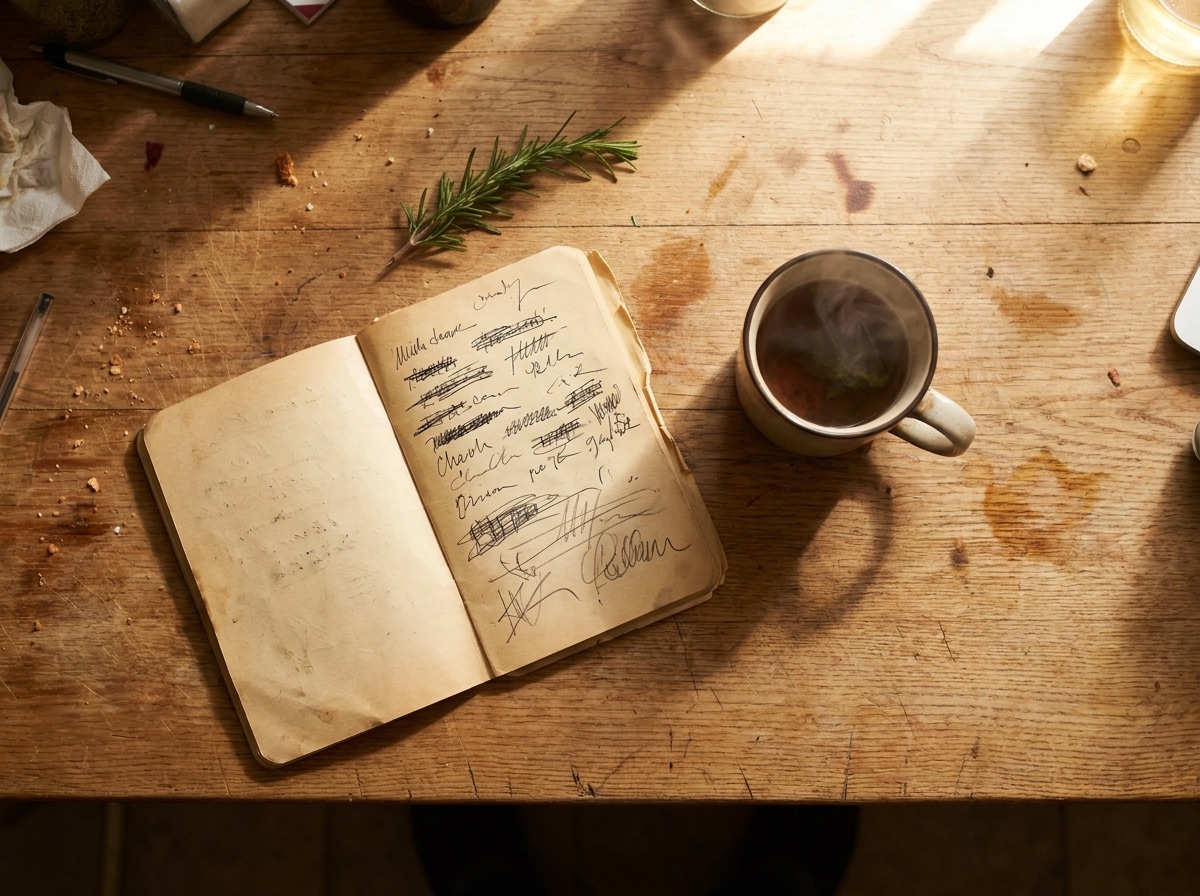 A warm, softly lit table with herbal tea, a notebook, and a sprig of rosemary, the quiet setting of a holistic coaching session.