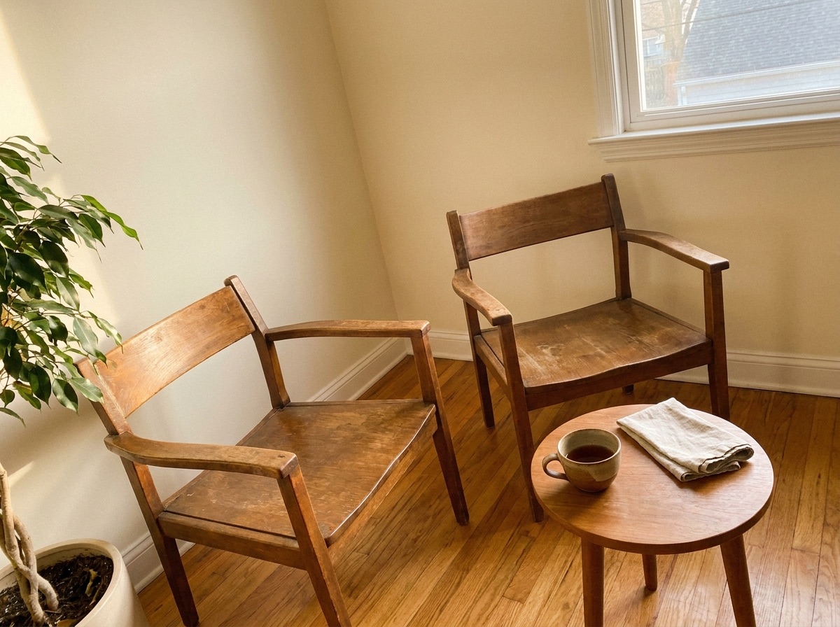 A round wooden table set with printed handouts, a clipboard, and mugs of herbal tea in warm window light, the setting of a small workshop.